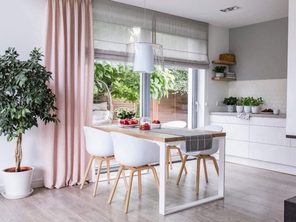 Roman shades and drapery in the kitchen