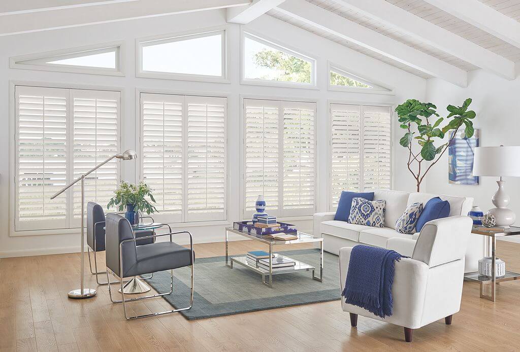 white shutters complementing the living room decor